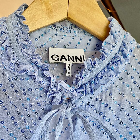 Ganni Blue Floral High Neck Mini Dress - Picture 6 of 15